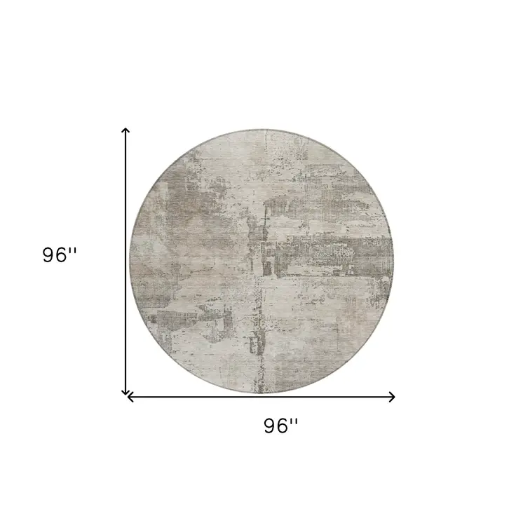 8' Linen And Gray Round Abstract Washable Indoor Outdoor Area Rug
