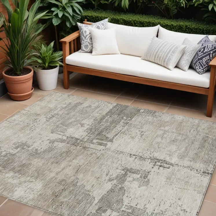 10' X 14' Linen And Gray Abstract Washable Indoor Outdoor Area Rug