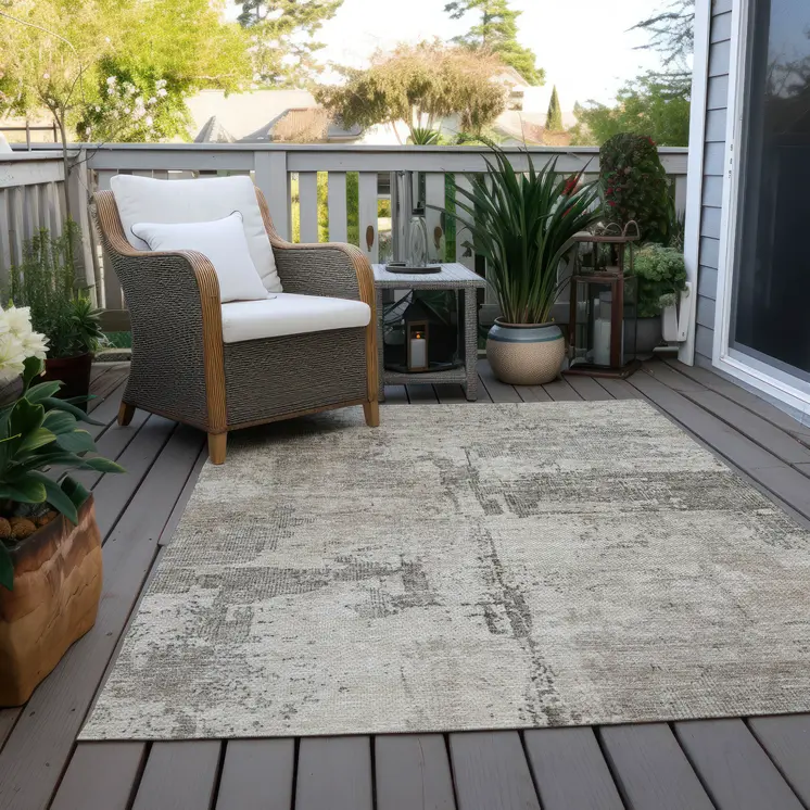 10' X 14' Linen And Gray Abstract Washable Indoor Outdoor Area Rug