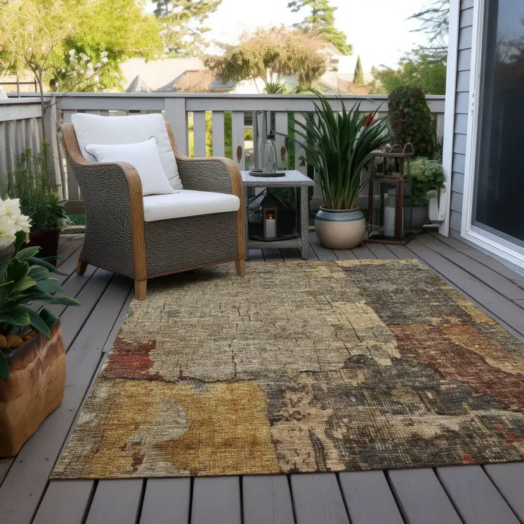 3' X 5' Khaki Charcoal And Terra Cotta Abstract Washable Indoor Outdoor Area Rug