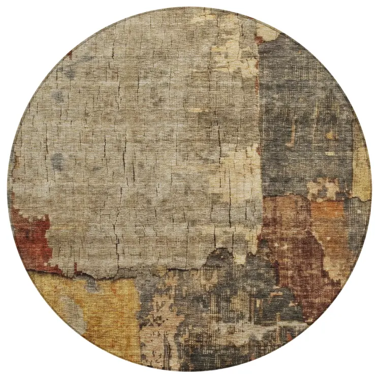 8' Khaki Charcoal And Terra Cotta Round Abstract Washable Indoor Outdoor Area Rug