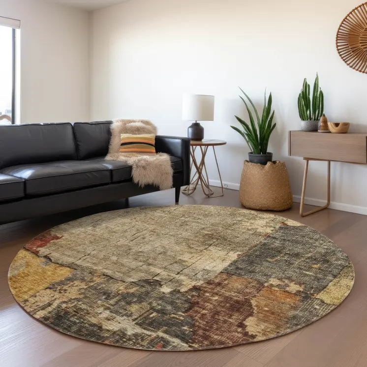 8' Khaki Charcoal And Terra Cotta Round Abstract Washable Indoor Outdoor Area Rug