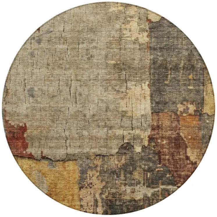 8' Khaki Charcoal And Terra Cotta Round Abstract Washable Indoor Outdoor Area Rug