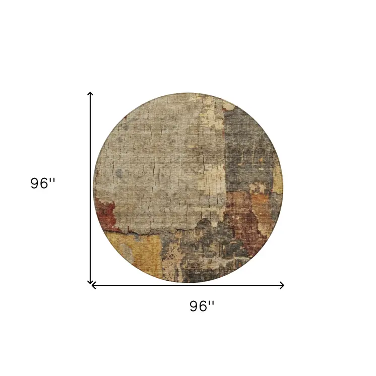 8' Khaki Charcoal And Terra Cotta Round Abstract Washable Indoor Outdoor Area Rug