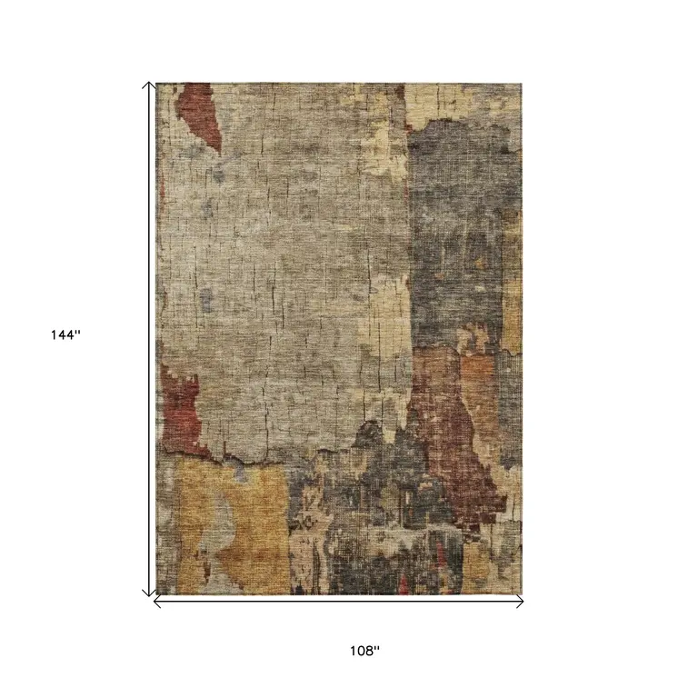 9' X 12' Khaki Charcoal And Terra Cotta Abstract Washable Indoor Outdoor Area Rug
