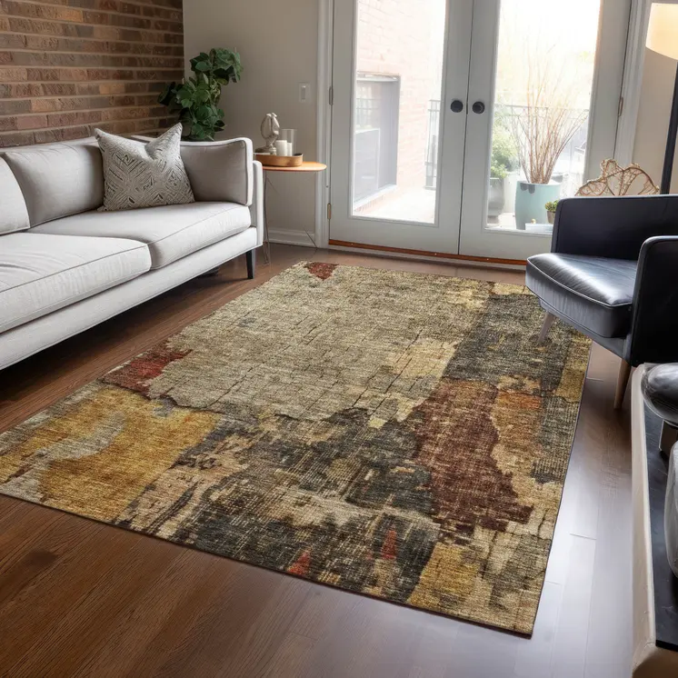 9' X 12' Khaki Charcoal And Terra Cotta Abstract Washable Indoor Outdoor Area Rug
