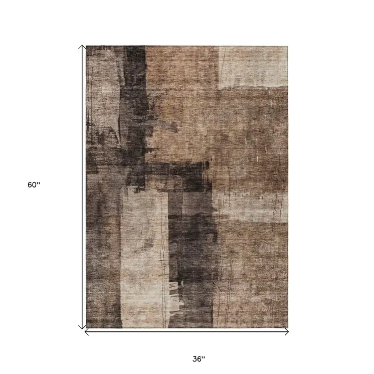 3' X 5' Brown Black And Tan Abstract Washable Indoor Outdoor Area Rug