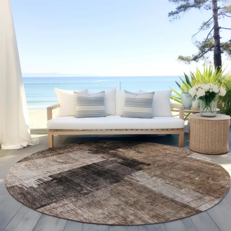 8' Brown Black And Tan Round Abstract Washable Indoor Outdoor Area Rug