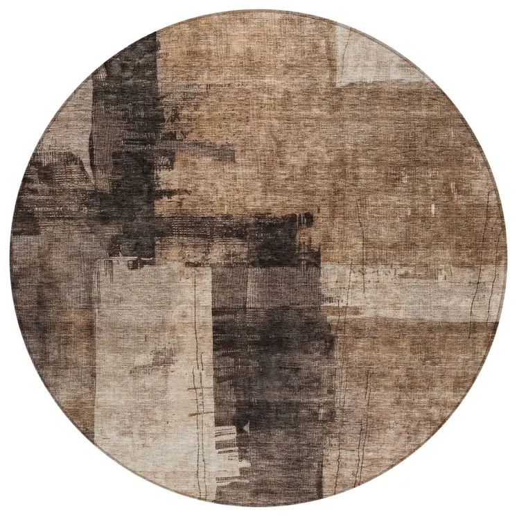 8' Brown Black And Tan Round Abstract Washable Indoor Outdoor Area Rug