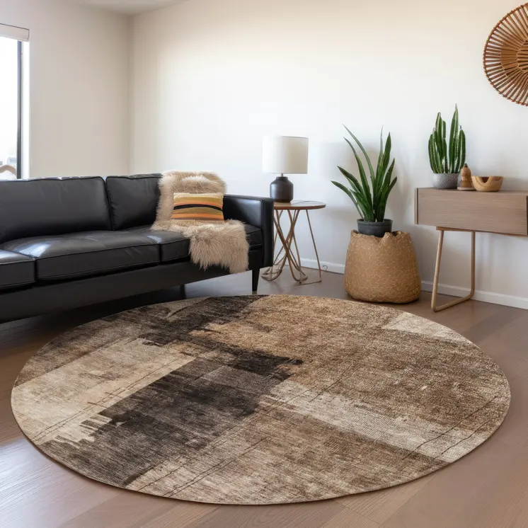 8' Brown Black And Tan Round Abstract Washable Indoor Outdoor Area Rug