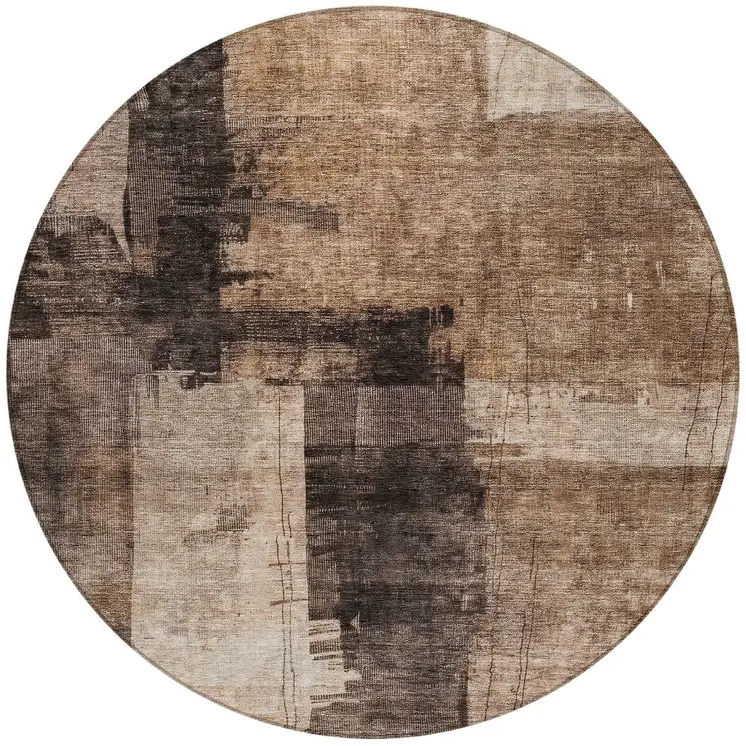 8' Brown Black And Tan Round Abstract Washable Indoor Outdoor Area Rug