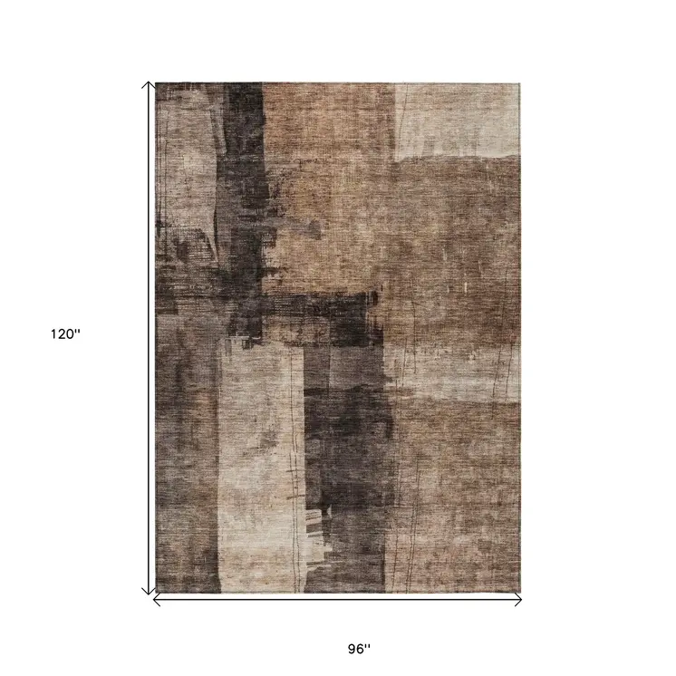 8' X 10' Brown Black And Tan Abstract Washable Indoor Outdoor Area Rug