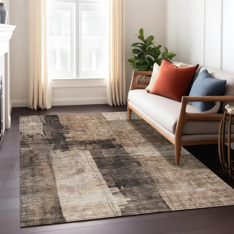 8' X 10' Brown Black And Tan Abstract Washable Indoor Outdoor Area Rug