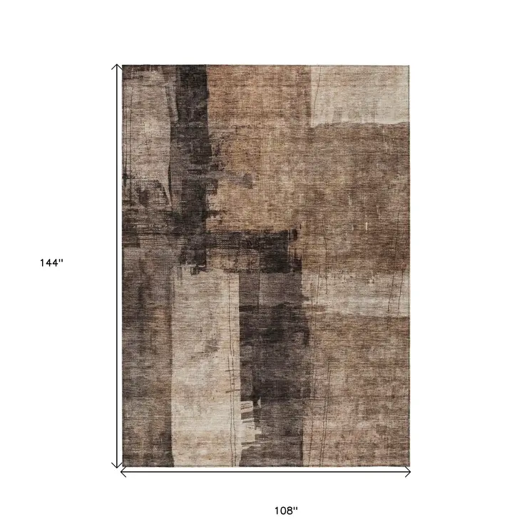 9' X 12' Brown Black And Tan Abstract Washable Indoor Outdoor Area Rug