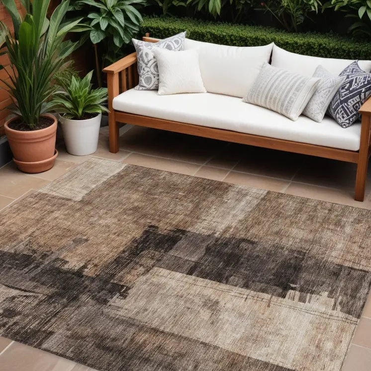 9' X 12' Brown Black And Tan Abstract Washable Indoor Outdoor Area Rug
