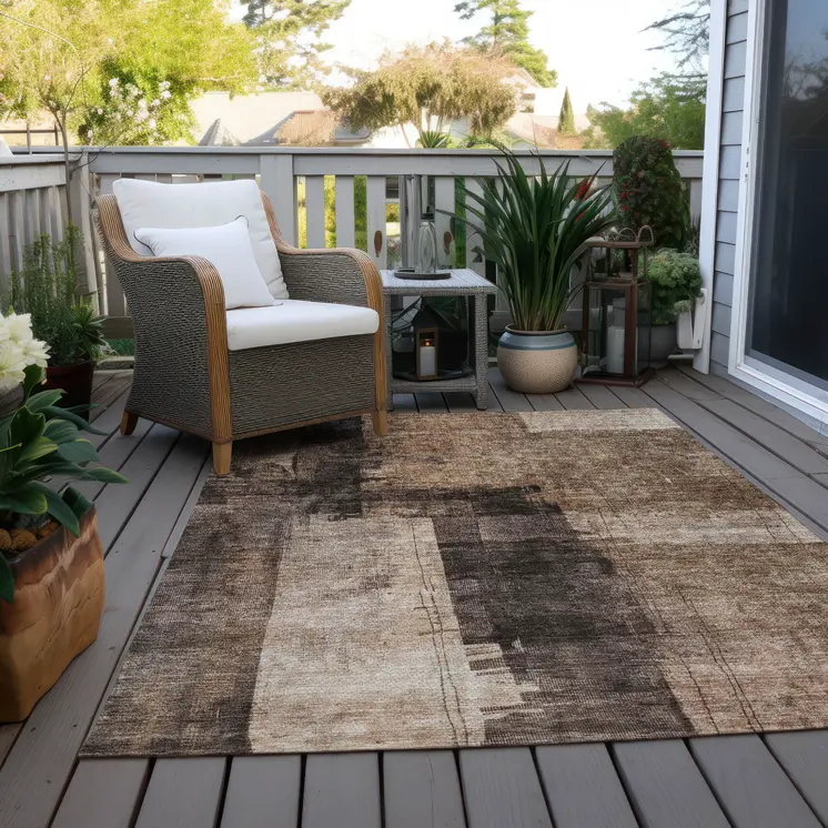 9' X 12' Brown Black And Tan Abstract Washable Indoor Outdoor Area Rug