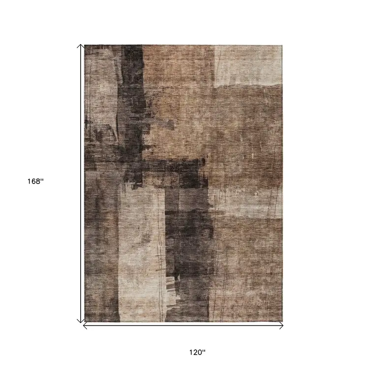 10' X 14' Brown Black And Tan Abstract Washable Indoor Outdoor Area Rug