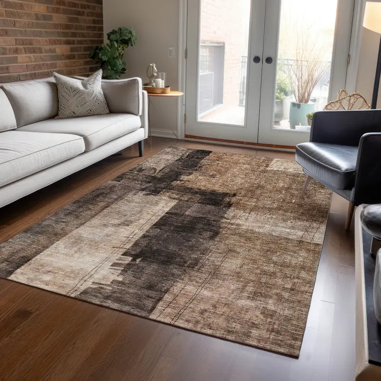10' X 14' Brown Black And Tan Abstract Washable Indoor Outdoor Area Rug