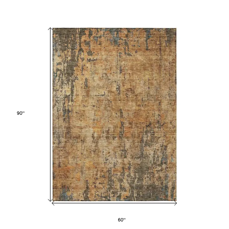 5' X 8' Copper And Brown Abstract Washable Indoor Outdoor Area Rug