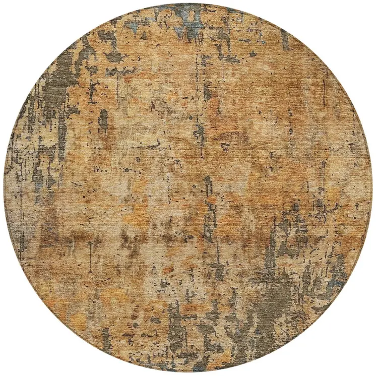 8' Copper And Brown Round Abstract Washable Indoor Outdoor Area Rug