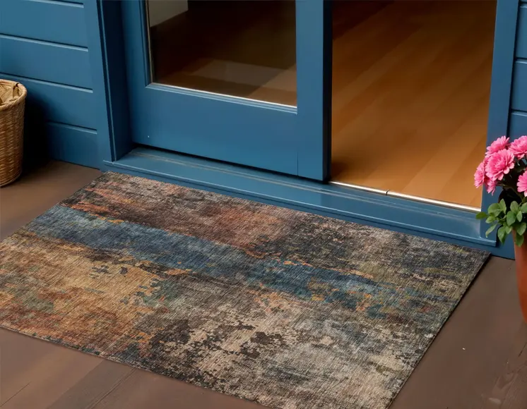 3' X 5' Blue Copper And Brown Abstract Washable Indoor Outdoor Area Rug