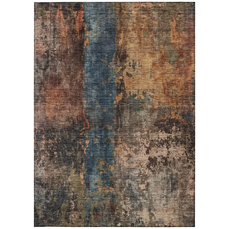 3' X 5' Blue Copper And Brown Abstract Washable Indoor Outdoor Area Rug