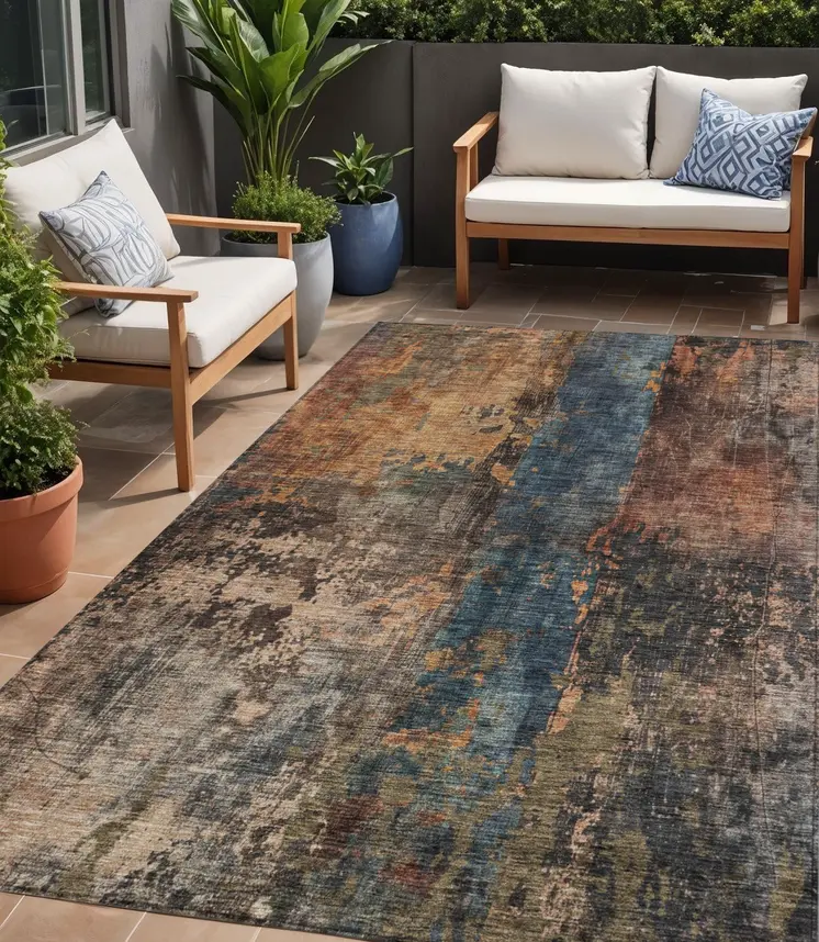 5' X 8' Blue Copper And Brown Abstract Washable Indoor Outdoor Area Rug