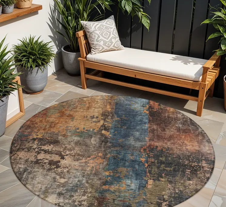 8' Blue Copper And Brown Round Abstract Washable Indoor Outdoor Area Rug