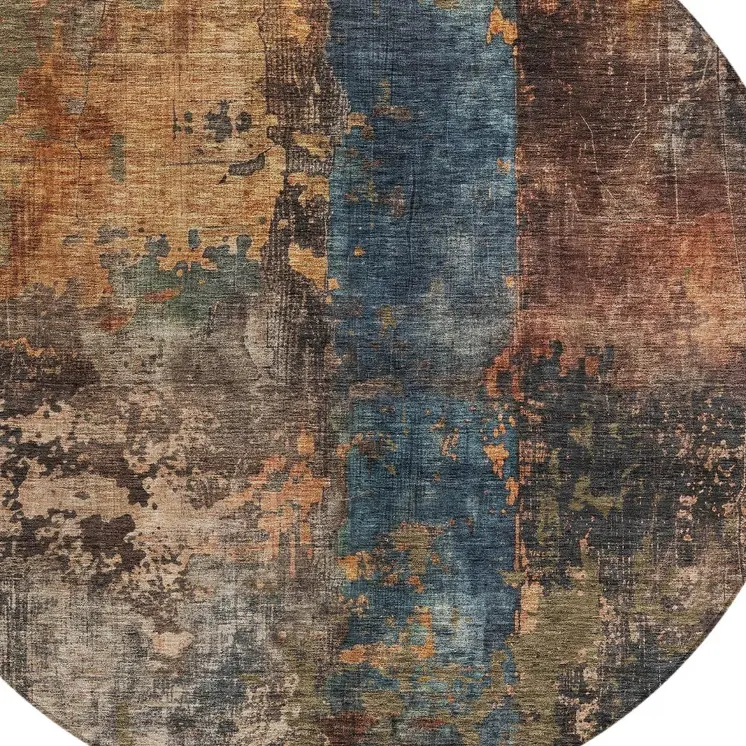 8' Blue Copper And Brown Round Abstract Washable Indoor Outdoor Area Rug