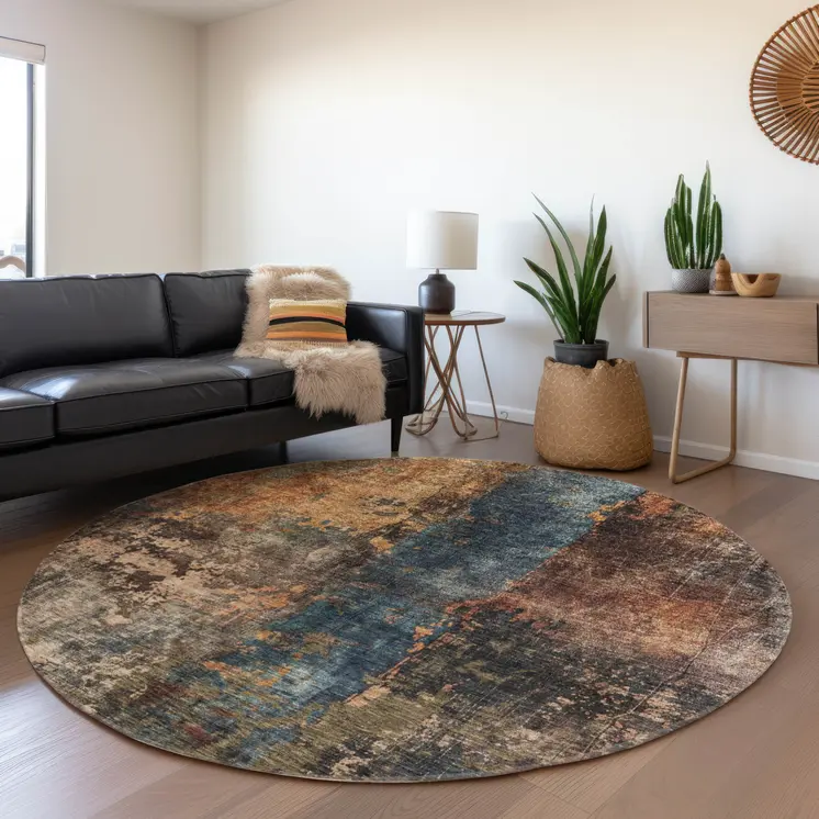 8' Blue Copper And Brown Round Abstract Washable Indoor Outdoor Area Rug