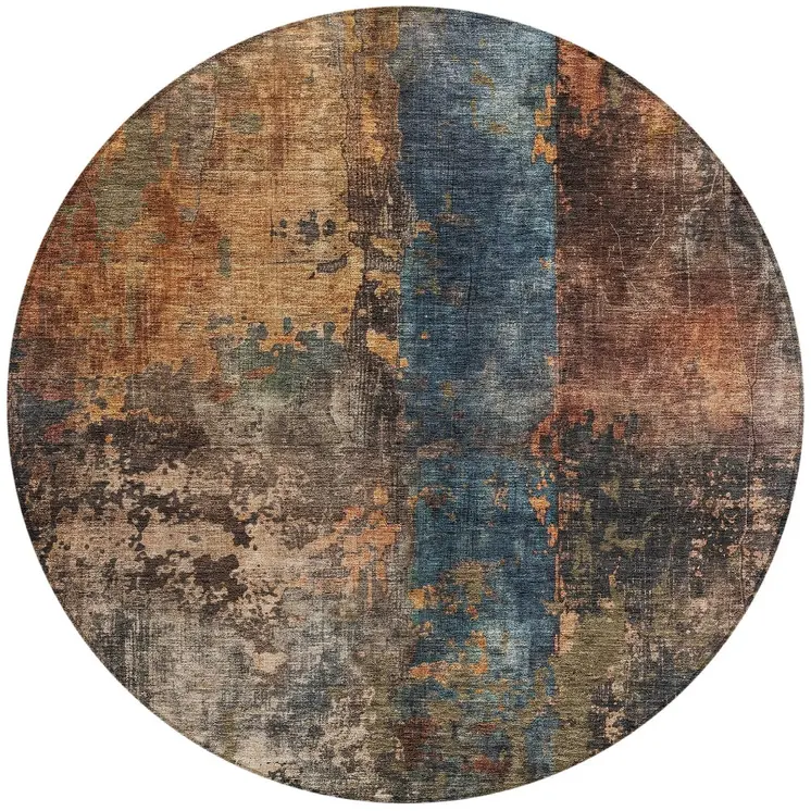 8' Blue Copper And Brown Round Abstract Washable Indoor Outdoor Area Rug