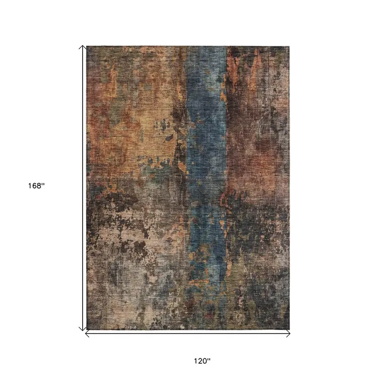 10' X 14' Blue Copper And Brown Abstract Washable Indoor Outdoor Area Rug