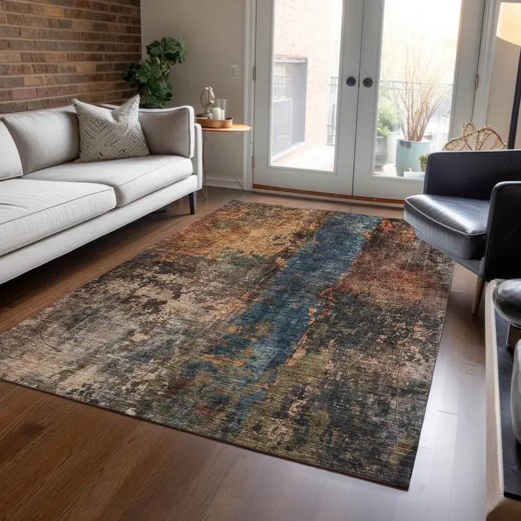 10' X 14' Blue Copper And Brown Abstract Washable Indoor Outdoor Area Rug