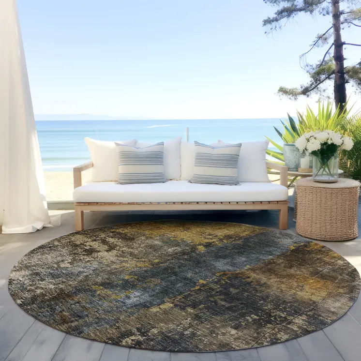 8' Gray Brown And Gold Round Abstract Washable Indoor Outdoor Area Rug