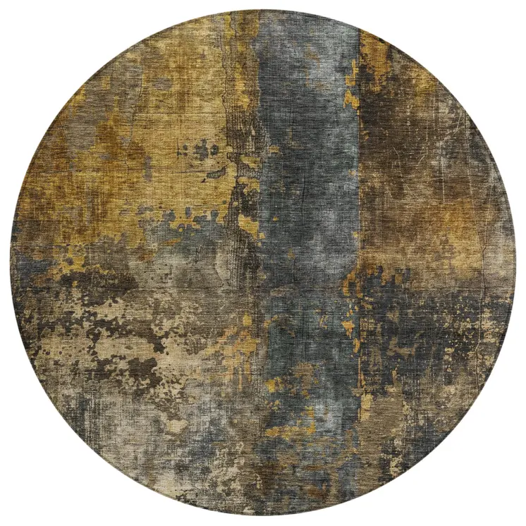 8' Gray Brown And Gold Round Abstract Washable Indoor Outdoor Area Rug