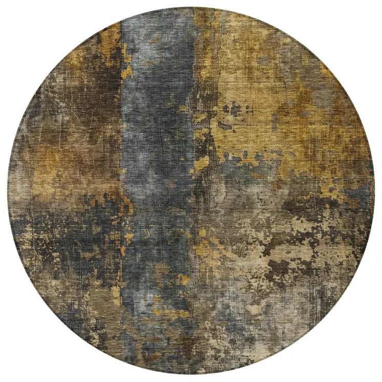 8' Gray Brown And Gold Round Abstract Washable Indoor Outdoor Area Rug