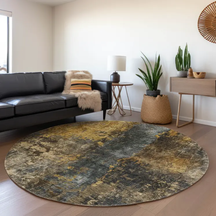 8' Gray Brown And Gold Round Abstract Washable Indoor Outdoor Area Rug