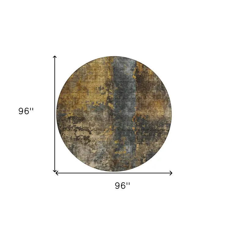 8' Gray Brown And Gold Round Abstract Washable Indoor Outdoor Area Rug