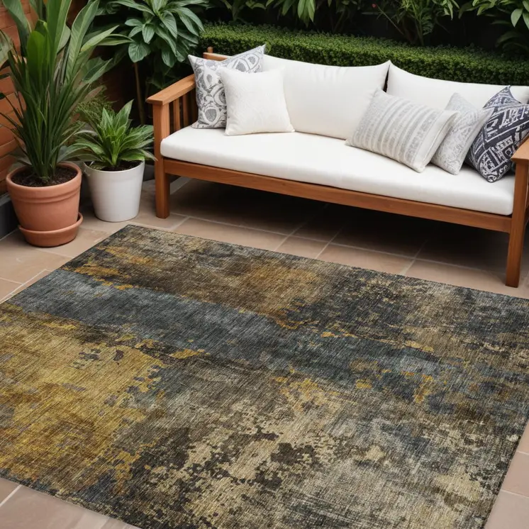 8' X 10' Gray Brown And Gold Abstract Washable Indoor Outdoor Area Rug
