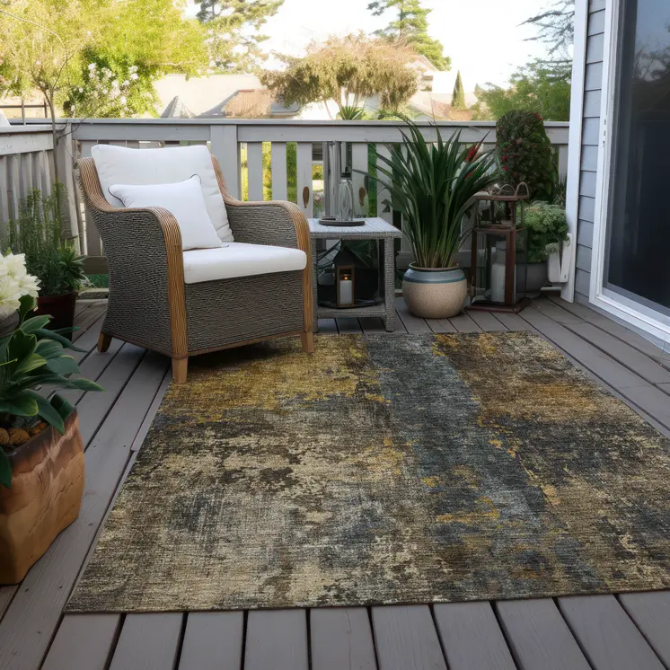 8' X 10' Gray Brown And Gold Abstract Washable Indoor Outdoor Area Rug