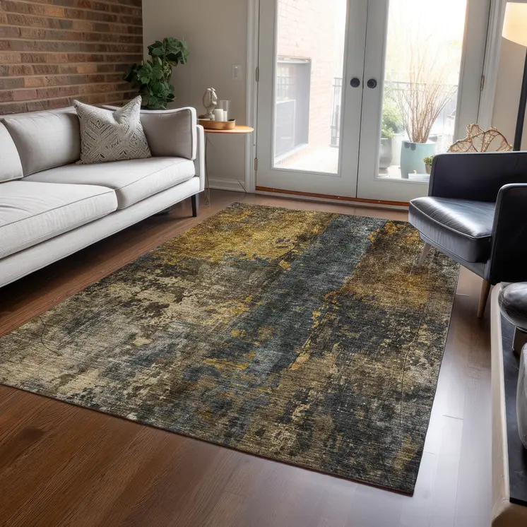 8' X 10' Gray Brown And Gold Abstract Washable Indoor Outdoor Area Rug