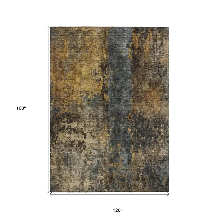 10' X 14' Gray Brown And Gold Abstract Washable Indoor Outdoor Area Rug