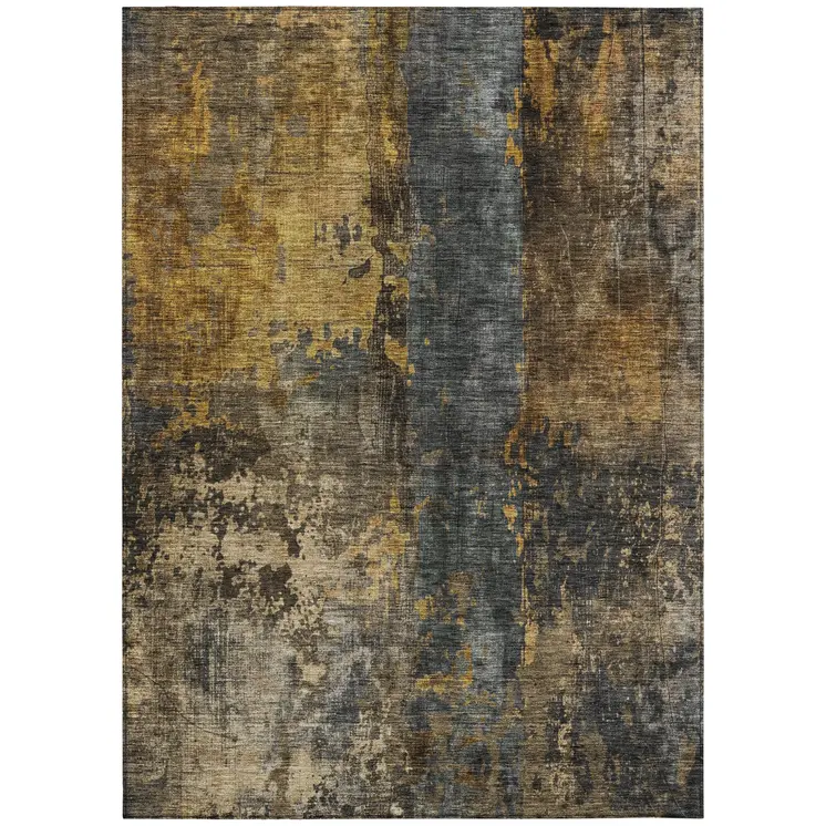 10' X 14' Gray Brown And Gold Abstract Washable Indoor Outdoor Area Rug