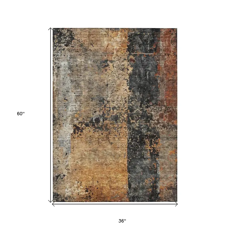 3' X 5' Copper And Black Abstract Washable Indoor Outdoor Area Rug