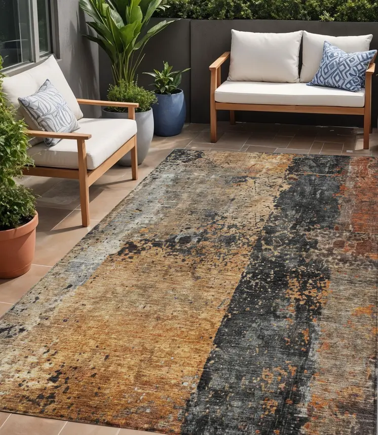 5' X 8' Copper And Black Abstract Washable Indoor Outdoor Area Rug