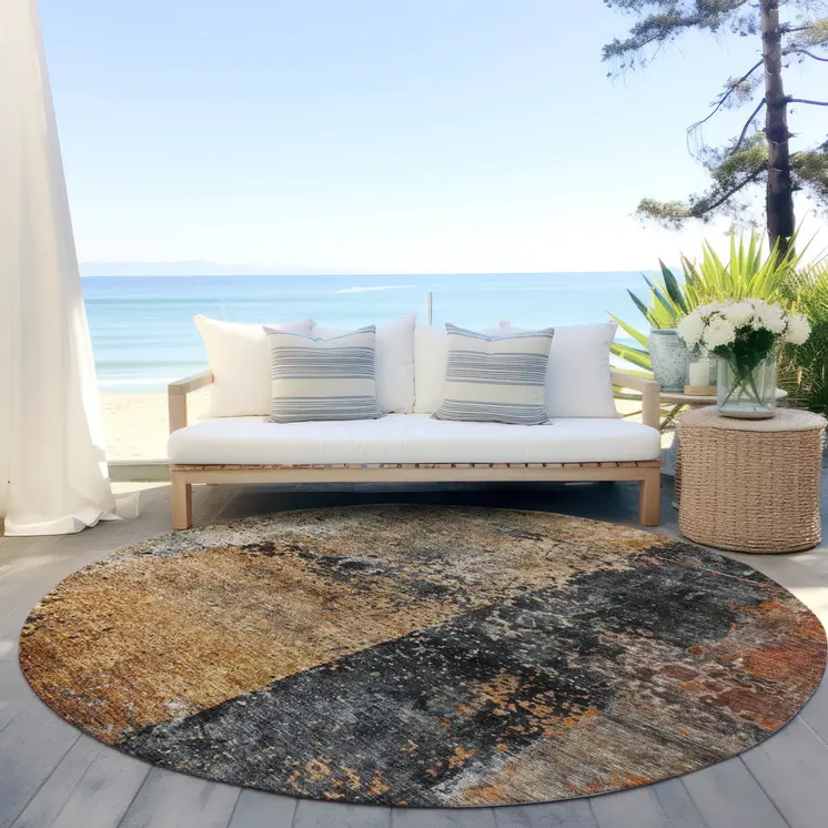 8' Copper And Black Round Abstract Washable Indoor Outdoor Area Rug