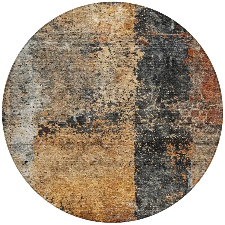 8' Copper And Black Round Abstract Washable Indoor Outdoor Area Rug