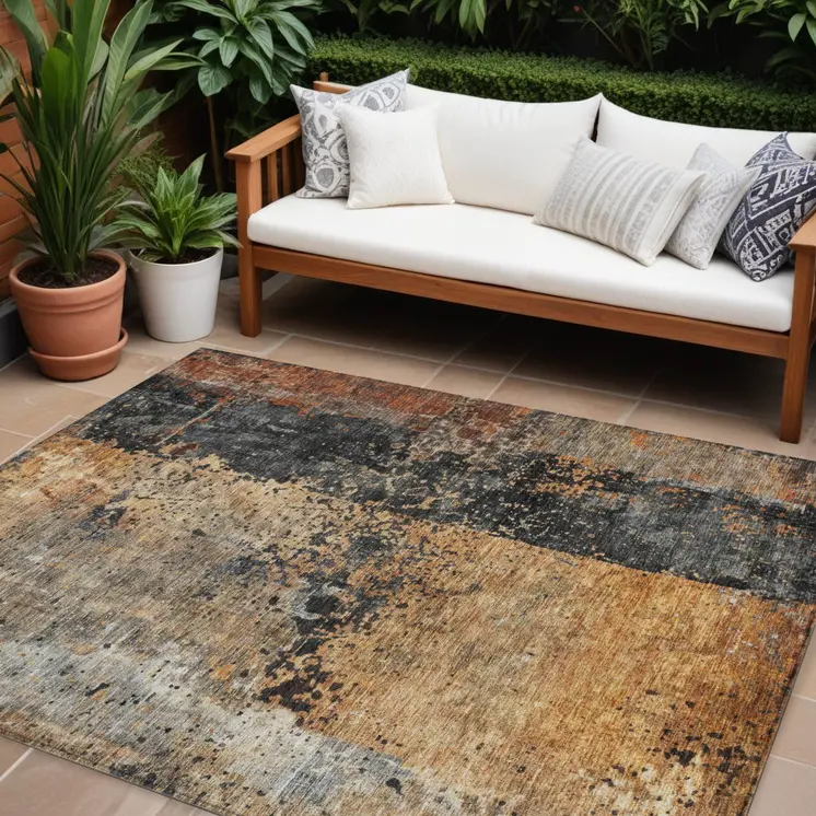 8' X 10' Copper And Black Abstract Washable Indoor Outdoor Area Rug
