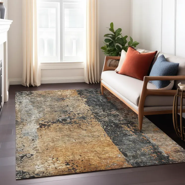9' X 12' Copper And Black Abstract Washable Indoor Outdoor Area Rug