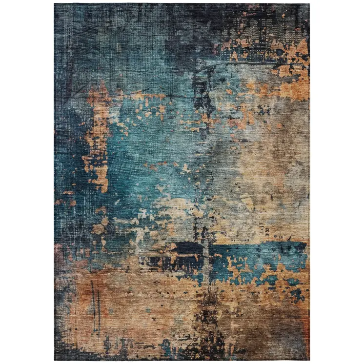 3' X 5' Teal Blue Black And Copper Abstract Washable Indoor Outdoor Area Rug